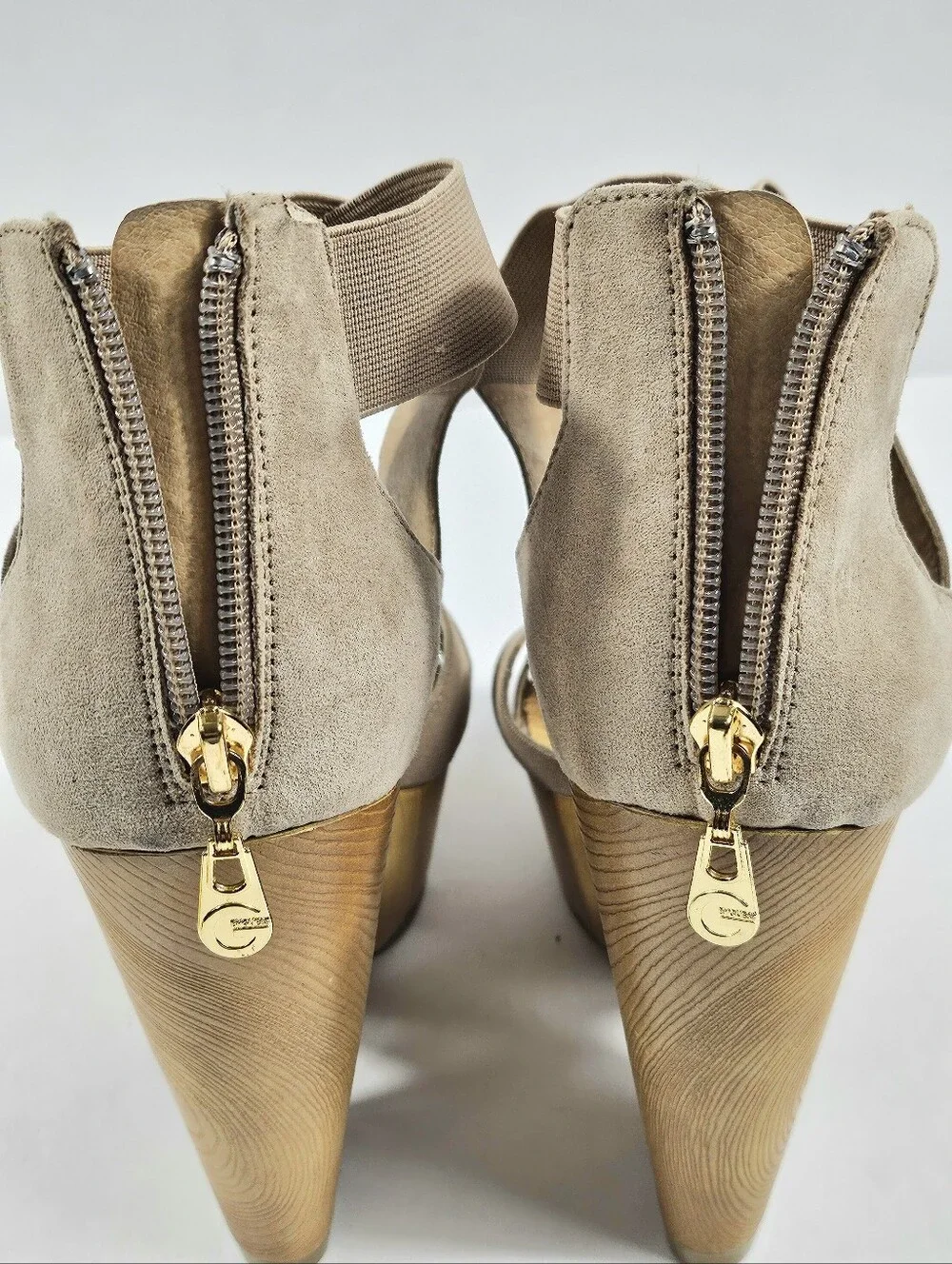 G By Guess Sirrah Beige Taupe Faux Suede Cross Strap Woodgrain Platform Sandal
